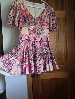 Floral Fit-and-Flare V-Neck Mini Dress in Pink and Purple